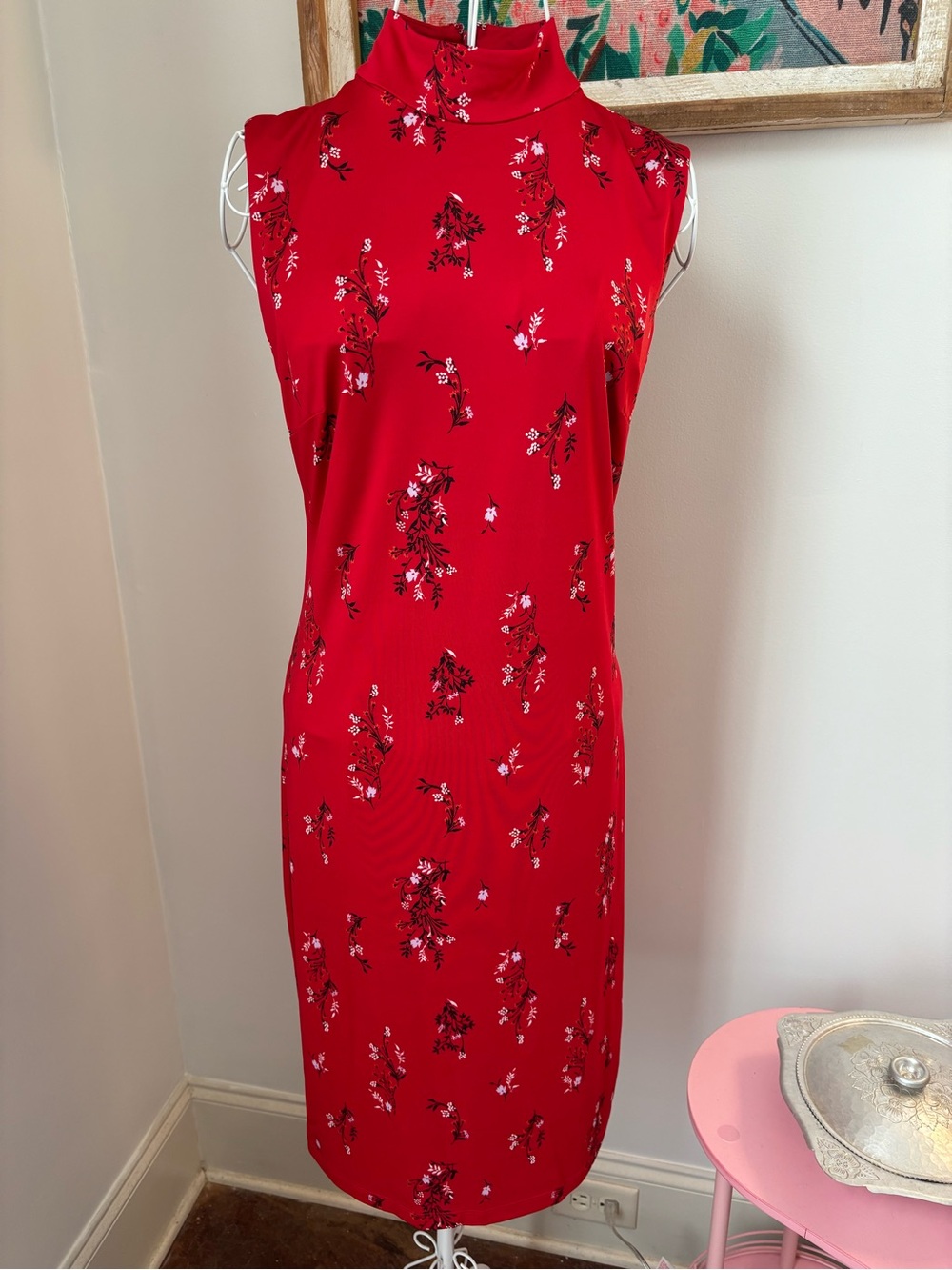 attention Red Floral High-Neck Midi Dress